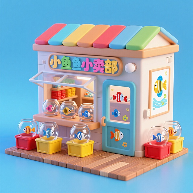 可爱卡通3D风微缩艺术，塑料质感小卖部，色彩鲜艳，童趣盎然。