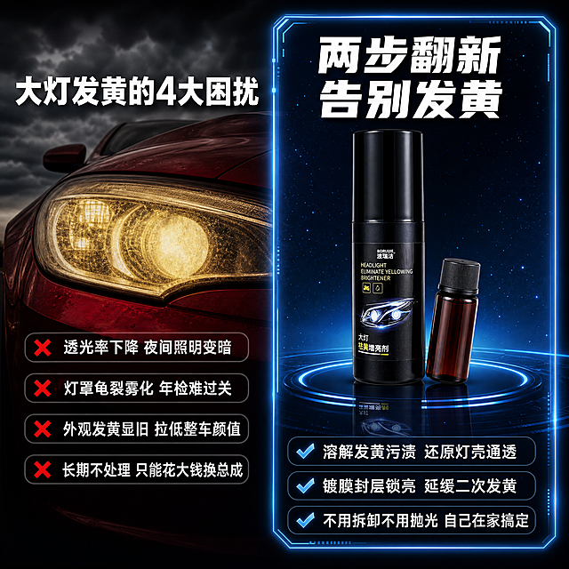[主图-2] 大灯发黄痛点与解决方案对比图，左右分栏呈现困扰与产品优势。
[统一基调] 深色科技氛围感背景，黑金蓝高级色调，电影级光影，高对比度，写实商业产品摄影风格，高清精致质感，抖音电商车品详情图，1:1比例。
[画面] 画面左右对半分构图。左侧区域：暗调红色汽车大灯背景，上方天空呈现灰色乌云氛围，大灯呈现发黄雾化状态，营造痛点场景感。右侧区域：深蓝色科技发光边框内，放置两件套装产品：左侧100ml黑色喷雾瓶（波瑞洁大灯祛黄增亮剂），右侧10ml棕色镀膜小瓶，两瓶产品呈斜向摆放，底部有蓝色发光平台和镜面反光效果。右侧科技框有蓝色霓虹光效边缘，内部有微弱星光粒子。产品占右侧区域约50%。
[光影质感] 左侧区域偏暗调红光，营造痛点压抑感；右侧区域冷蓝色科技光，产品清晰明亮，形成强烈对比。产品表面有精致高光，黑色瓶身深邃，棕色瓶身通透，底部有真实镜面倒影。整体商业摄影级质感，光影层次丰富。
[配色] 左侧区域主色：暗红色、深灰色、黑色；右侧区域主色：深蓝色、科技蓝、黑色、白色。标题文字白色，痛点条目配红色叉号，解决方案条目配蓝色对勾。
[文字版式] 左侧区域顶部白色粗体标题："大灯发黄的4大困扰"；标题下方竖排4条带红色叉号的白色文字条目："✖ 透光率下降 夜间照明变暗"、"✖ 灯罩龟裂雾化 年检难过关"、"✖ 外观发黄显旧 拉低整车颜值"、"✖ 长期不处理 只能花大钱换总成"。右侧蓝色科技框内顶部超大白色粗字："两步翻新 告别发黄"；产品下方3条带蓝色勾选标记的白色文字："✔ 溶解发黄污渍 还原灯壳通透"、"✔ 镀膜封层锁亮 延缓二次发黄"、"✔ 不用拆卸不用抛光 自己在家搞定"。字体为现代无衬线粗体，层级分明，文字清晰可读。
[输出要求] 1:1正方形比例，2K高清，产品外观与输入图完全一致，文字清晰无错字，画面干净精致，无多余杂物，无水印，无平台Logo。