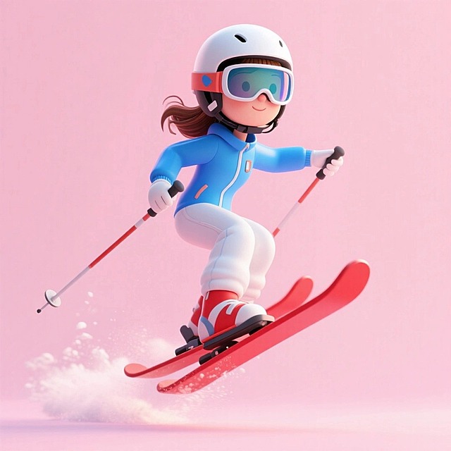 画面主视觉是腾空的女孩，身着亮蓝色滑雪服、白色雪裤，佩戴头盔与可视护目镜，脚踩红色滑雪板，拿着雪杖呈动感滑行姿态。浅粉色纯色背景