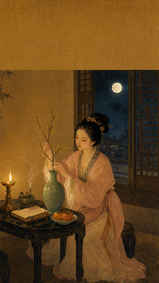 明代工笔人物画精品，竖幅立轴，暖琥珀金色织纹清晰绢底，单人雅致场景：身穿浅粉丝绸长袍配绣花领的明代女子，坐在半开窗边矮漆桌旁，正精心把一枝腊梅插入高青瓷瓶，手指轻轻调整一朵小花，神情宁静专注。身旁桌上：点亮的青铜油灯洒下暖光圈，小青铜香炉飘着轻烟，摊开线装书扣放，小青瓷盘放着两个柿子。窗外景色：格纸窗后，淡墨渲染月夜竹影，冷蓝黑夜对比室内暖灯光。画面顶部20%留出干净琥珀金色绢底方便题字。色彩对比：室内暖琥珀金 vs 室外月夜冷蓝是画面核心对比，丝绸衣褶用六层矿物渲染技法，面部是典型唐明女性比例，细节极其丰富，8K，纯绘画无文字
