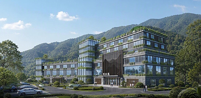 完全保留原图的建筑轮廓、视角、尺寸与结构、建筑比例不变；青砖外墙，女儿墙周边有少量绿植自然下垂，玻璃幕墙天面有绿化；建筑后方绿色部分替换为连绵真实山体，层次自然；晴朗通透白日柔光，上午10点柔和侧顺光，光影层次细腻，石材、玻璃、暗古铜色入口门，两侧青砖墙装饰柱，材质纹理清晰写实；大面积玻璃窗带有蓝天、山体、树木的清晰环境反射；建筑四周环绕高低错落的茂密乔木、造型灌木与草坪绿地；少量比例精准的写实行人，尺度贴合建筑，建筑前方有停车场，周边有绿化遮荫；整体画面明亮干净，清新自然色调，山体远景柔和虚化，建筑形体舒展大气，综合楼静谧雅致氛围，OC渲染器，超高细节质感，无畸形结构，8K超写实建筑日景效果图，长宽比例保持不变，非正方形