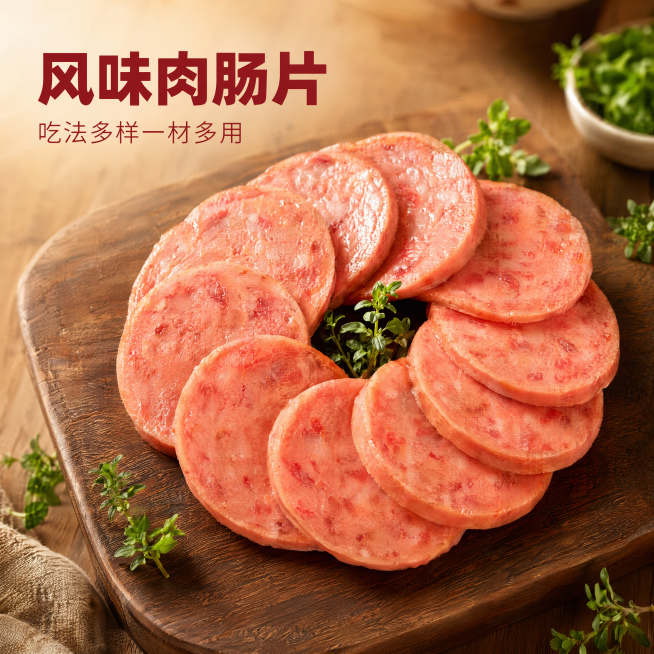 [主图-1] 肉肠切片产品首图，突出食欲和新鲜度。[氛围风格] 温馨居家餐桌场景，打造有食欲的美食氛围；[画质] 商业美食摄影质感，光线柔和通透，产品纹理清晰真实，画面干净高级。[元素] 保持肉肠切片预览效果