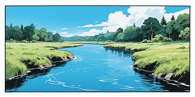 清新插画风，漫画手法描绘宁静河景，绿树蓝天映衬，自然和谐。