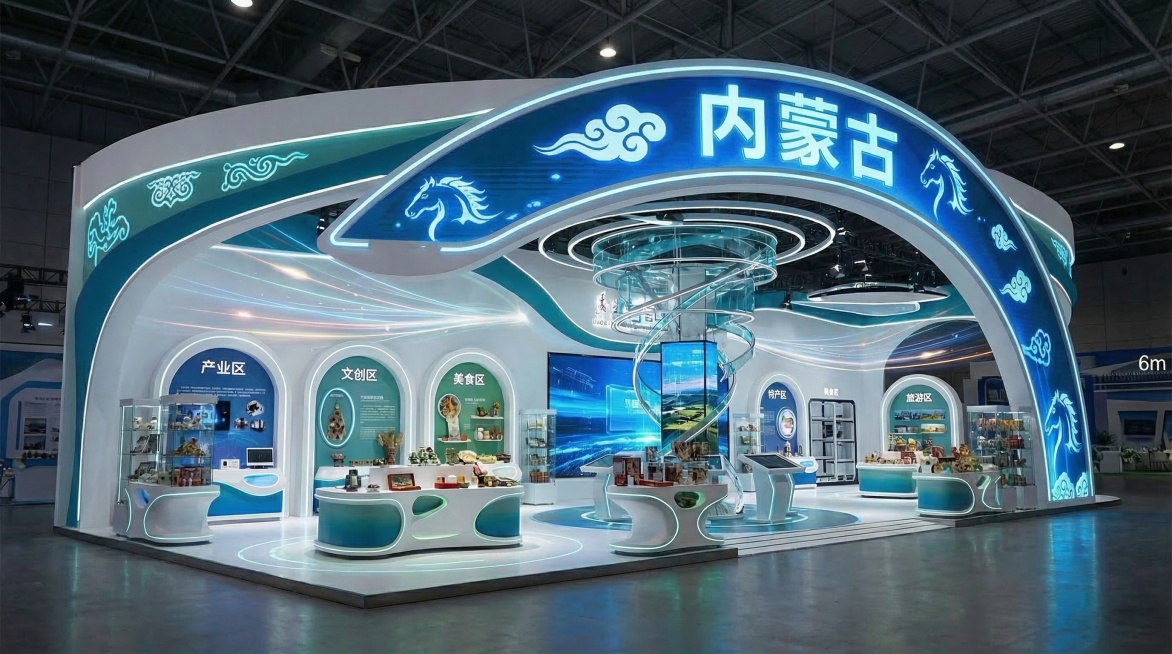 超现实科技中枢风格展览会展台，三面开口、一面背墙，主色调白+蓝绿，门楣带「内蒙古」发光字，融入蒙古族纹样与马头、祥云等元素；展台内部五大功能区（产业区、文创区、美食区、特产区、旅游区）各增设多个异形展预览效果