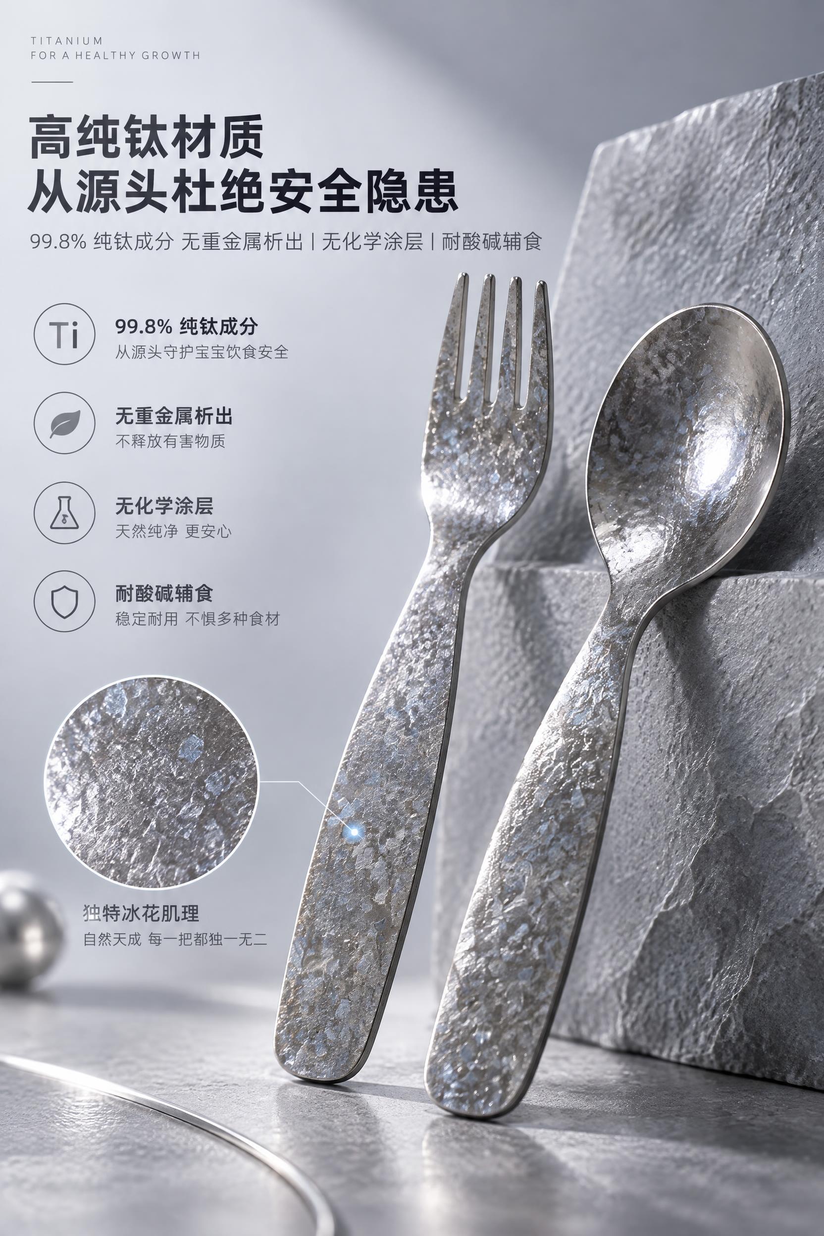 [商品] 使用上传的儿童纯钛叉勺产品图；保留叉勺结构、尺寸13… - 图片创意预览