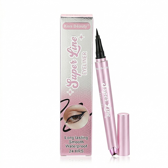 Generate a product main image for "Kiss Beauty Super Line Eyeliner (Single Pack)", pure white background, only display one single eyeliner pen with its packaging box, clean and high-end commercial photography style, high definition, product is centered, suitable for e-commerce search result display, all text in English.