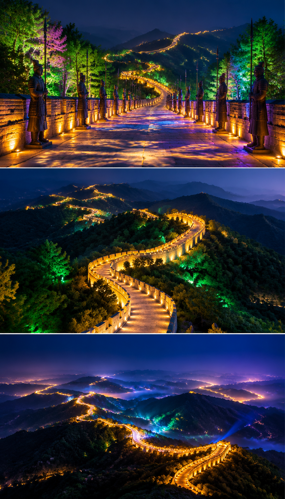 竖版三联拼图，三张夜长城夜景照片从上到下依次排列，等宽对齐，边… - 图片创意预览