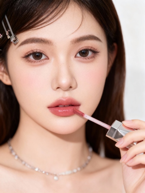 甜美元气美妆人像商业精修风格，画面以低饱和粉杏色、浅白色为核心配色，色调呈现柔和清新的清透质感，光影细腻且柔焦过渡自然；采用平视特写拍摄视角，中心聚焦构图，主体位于画面中偏右区域，呈倾斜放置角度，在画预览效果