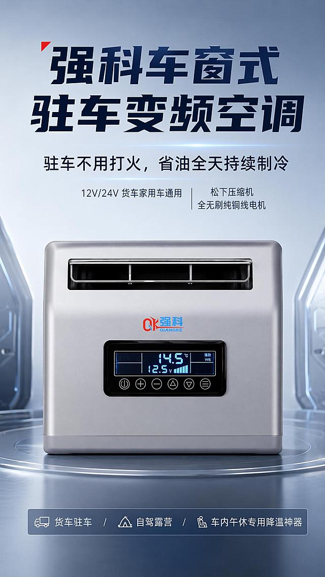 「图片1」「图片1」，生成详情页，商品名称为强科车窗式驻车变频空调，适配淘宝/天猫平台，单图比例为9:16，需求屏数为8张。第 1 屏 首屏海报
主标题：强科车窗式驻车变频空调
副标题：驻车不用打火，省油全天持续制冷
辅助标语：12V/24V 货车家用车通用｜松下压缩机 全无刷纯铜线电机
底部引流短句：货车驻车 / 自驾露营 / 车内午休专用降温神器
第 2 屏 痛点引入
大标题：驻车闷热、怠速费油？一台空调全部解决
痛点板块
❌ 夏季车辆暴晒，车内温度飙升五六十度，上车如同蒸桑拿
❌ 驻车休息、路边等人怠速开空调，耗油成本高，还损伤发动机
❌ 市面劣质空调采用铝线电机，长时间运行制冷快速衰减、易老化故障
解决方案：强科车窗驻车空调，熄火也能稳定制冷，省电省油，长效降温不打折
第 3 屏 卖点 1：12V/24V 双电压全车型通用
主标题：双电压自适应，绝大多数车型直接适配
左栏 12V 适配区
配图：私家车、SUV、家用越野车
文字：12V 电压适配｜私家车、代步 SUV、新能源车，自驾午休、户外露营随心使用
右栏 24V 适配区
配图：轻卡、半挂大货车、房车
文字：24V 电压适配｜货运卡车、箱货、长途重卡，驻车整夜不间断制冷
底部备注：车窗卡扣式简易安装，无需复杂改装，家用车、货运车辆均可兼容
第 4 屏 卖点 2：原装日本松下压缩机
主标题：空调核心心脏｜原装日本松下变频压缩机
核心优势
变频平稳控温，电压波动环境不易停机
耐高温强工况，连续长时间运转不会高温保护
压缩效率更高，同等电量降温速度翻倍
原厂严苛品控，故障率低，使用寿命远超普通压缩机
第 5 屏 核心重点：三套无刷电机 + 纯铜线绕组升级
上半区 三套全无刷电机
小标题：整机三大风机全部搭载无刷电机
外置散热无刷风扇：散热效率高，运行噪音更低
冷凝器散热无刷风机：高温环境运转稳定不卡顿
蒸发器无刷风机：车内出风均匀柔和，耐用不易损坏
下半区 铜线 VS 铝线对比
左侧【强科升级配置】
配图：纯铜线截面特写
文字：全线采用纯铜线电机绕组
✔ 导电性能优异，运行发热更低
✔ 无热衰减，长时间运行制冷效果不减弱
✔ 抗氧化耐腐蚀，机器使用寿命翻倍
右侧【市面普通空调】
配图：铝线截面特写
文字：市面低成本铝线电机
✘ 导电性能差，工作快速积热发烫
✘ 长时间使用制冷大幅衰减，越吹越不凉
✘ 极易氧化烧毁，后期维修频繁费钱
底部总结标语：主动加高生产成本，只为给你稳定不打折的强劲制冷！
第 6 屏 机身人性化设计
主标题：车窗嵌入式安装，高清数显操作一目了然
高清数码显示屏：实时显示设定温度、电瓶电压，电量状态清晰可见，提前预防亏电
实体功能按键：开关机、温度加减、风速模式调节，行车盲操作顺手不打滑
车窗缝隙安装结构：不占用车内座椅、后备箱活动空间，拆装便携，外出可随时拆卸带走
三分格静音风道：冷风分散送出，快速铺满整个驾驶室，避免直吹带来不适感
第 7 屏 多场景适用
主标题：全场景覆盖，一年四季驻车都能用
四场景文案
长途货车驻车：重卡驾驶室夜间休息，整夜恒温制冷，货车司机安心睡整觉
户外自驾露营：SUV 车窗装配，野外过夜、野餐，无需启动车辆也有凉爽冷风
日常车内午休：上班族停车午休，熄火开空调，不用原地怠速浪费燃油
路边等候等人：接送家人、办事长时间等候，舒适降温不伤车辆发动机
第 8 屏 品牌售后信任收尾
品牌 LOGO 文字：强科 QIANGKE
品质总结短句：松下压缩机｜三套全无刷电机｜整机纯铜线绕组｜12V/24V 通用驻车空调
售后保障三点
✅ 整机质保服务，松下核心压缩机专项延长保修
✅ 配套全套安装配件，提供一对一视频安装指导
✅ 全车型适配核对，下单前客服可帮您确认适配车型
底部行动引导：立即选购，告别驻车怠速耗油，随时随地享受清凉