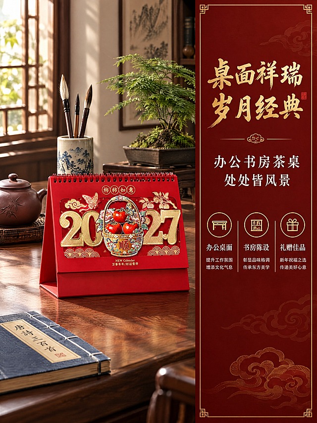 [商品] 使用【柿柿如意款】台历图；严格保留顶部圆形印章'柿柿如意'、中央柿子花篮珐琅彩造型、两侧镂空2027数字、底部波浪纹、'NEW Calendar 万事年年/好运常伴'小字、红色线圈和三角底座；增强珐琅彩立体质感和金色描边光泽。
[画面] 页面目标：场景种草，展示台历在真实生活场景中的摆放效果。构图：左场景右文的布局，左侧约65%为场景画面，右侧35%为文字信息区；场景为新中式书房桌面，深胡桃木书桌上摆放着台历，旁边有紫砂茶壶、毛笔架、线装书和一小盆文竹；自然光从左侧窗户照入，在桌面形成柔和光影；台历呈45度角摆放，柿子花篮珐琅彩造型清晰可见；右侧文字区为深红底配金色边框卡片。
[视觉] 套系策略：风格=国潮非遗高端商业摄影；标题字=大气烫金书法体；正文字=精致宋体；主色=中国红；背景延展=深红渐变+金色祥云纹样+暗纹底纹；强调色=烫金色，仅用于标题、图标、装饰线条和珐琅描边；标题色=烫金色；正文色=米白色；组件=祥云纹金边卡片、传统回纹边框、圆形印章元素；光影=自然窗边暖光，左明右暗，台历珐琅部分有自然高光，桌面有真实接触阴影和反射。
[文字] 右侧上方主标题"桌面祥瑞 岁月经典"烫金书法体；副标题"办公书房茶桌 处处皆风景"米白色宋体；下方三个金色图标配文字："办公桌面"配小桌图标、"书房陈设"配书架图标、"礼赠佳品"配礼盒图标；每个图标下方有简短说明文字；所有文字横排，层级分明。
[规格] 图片比例3:4竖版，2K分辨率，避免变形、错字、文字过小、冷蓝背景、场景虚假、悬浮感、平台Logo水印。