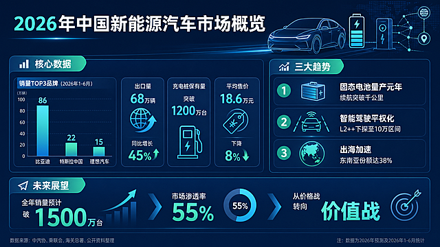 制作一页关于2026年中国新能源汽车市场概览的PPT，标题为“2026年中国新能源汽车市场概览”，内容包含：核心数据：销量TOP3品牌比亚迪（86万辆）、特斯拉中国（22万辆）、理想汽车（15万辆）；出口量68万辆，同比增长45%；充电桩保有量突破1200万台；平均售价18.6万元，下降8%。三大趋势：1.固态电池量产元年，续航突破千公里；2.智能驾驶平权化，L2++下探至10万区间；3.出海加速，东南亚份额达38%。未来展望：全年销量预计破1500万，渗透率55%，从价格战转向价值战。整体风格简洁商务，数据可视化清晰，科技蓝绿色调。