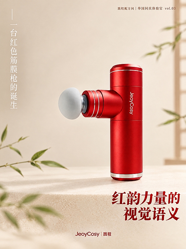 3:4竖版小红书笔记主图商业静物摄影：以图1中的践程TY-607红色迷你筋膜枪为画面主体（哑光金属红机身、浅灰白色圆形按摩头、银色细装饰圈，外观完全一致），柔和侧方漫射光照亮机身，体现细腻铝合金金属肌理，浅景深突出产品；背景为浅米暖调奶油底色，低饱和度、干净柔和，少量纤细简约绿色枝叶做轻点缀、只烘托不抢产品；大面积留白，新中式高级简约商务海报，国庆红调氛围感；索尼A7M4相机，f2.0光圈，柔和漫反射自然光，超高清商业静物质感。文字排版：左上角竖排文字“一台红色筋膜枪的诞生”（纤细雅致白色宋体/细黑体竖排）；右上角横向小字“践程配方间｜举国同庆体验官 vol.03”（精致小字）；右下角醒目标题大字“红韵力量的视觉语义”（力量感粗体）；画面最底部居中品牌标识“JeoyCosy 践程”。所有文字清晰准确、无乱码，无其他水印。