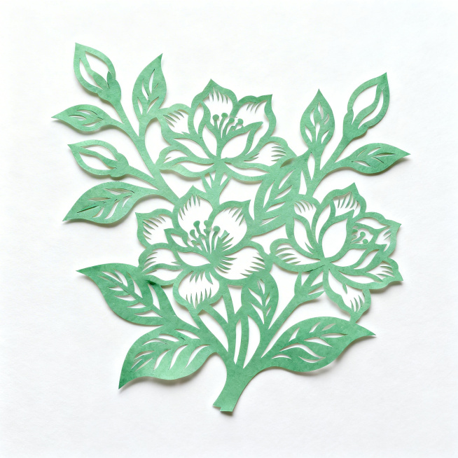 茉莉花素材，浅绿色调，中国传统剪纸艺术风格，剪纸镂空纹理清晰，中式传统工艺感，线条流畅优美预览效果