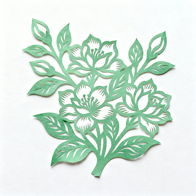 茉莉花素材，浅绿色调，中国传统剪纸艺术风格，剪纸镂空纹理清晰，中式传统工艺感，线条流畅优美