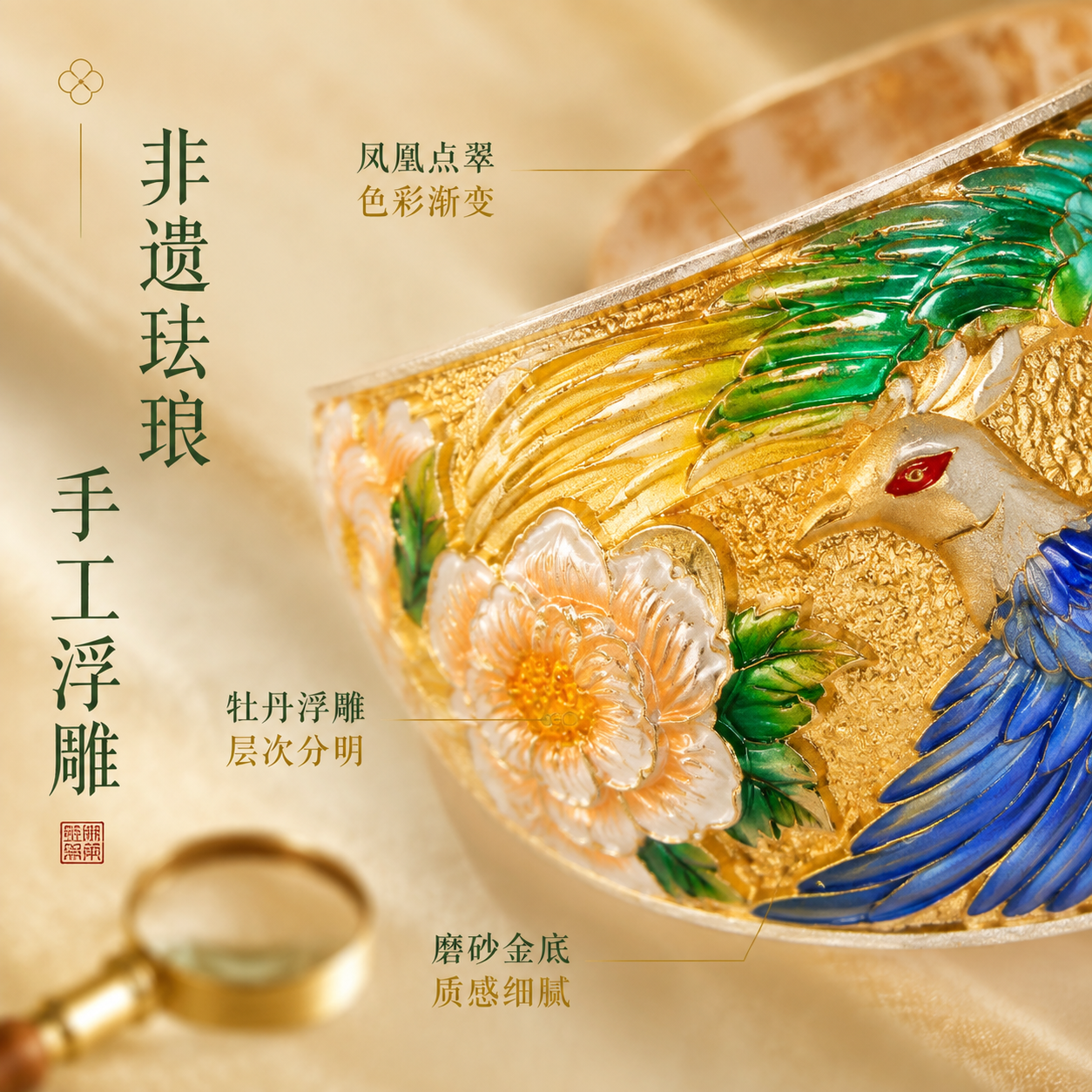 [主图-2] 核心工艺卖点图，展示珐琅彩浮雕细节与凤凰牡丹纹饰… - 图片创意预览