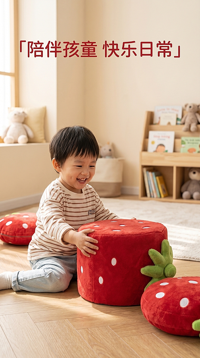 [第11屏] 小朋友使用坐凳互动场景，真实展示使用状态。本屏使用【图1】作为商品主体。
[氛围/风格] 真实生活场景，温馨互动氛围，自然光，自然抓拍质感。
[元素布局] 可爱亚洲小朋友手扶草莓坐凳，坐在旁边互动，小朋友笑容自然，坐凳位于画面中心偏下，占比约50%，自然融入互动场景，产品造型颜色和原图一致。
[光影质感] 室内自然光，光线柔和自然，人物和产品都清晰明亮，整体氛围温馨真实。
[配色色系] 浅暖色调家居背景，红色草莓坐凳突出，整体色彩温馨活泼。
[视角构图] 中景抓拍，展示小朋友和坐凳的互动关系，场景真实自然。
[文字版式] 顶部主标题「陪伴孩童 快乐日常」，文字位于画面顶部，不遮挡人物和产品，清晰可读。
[比例分辨率] 9:16，4K，文字清晰可辨。
[负向提示词] 人物面部畸形，产品变形，颜色偏差，场景杂乱，文字遮挡主体