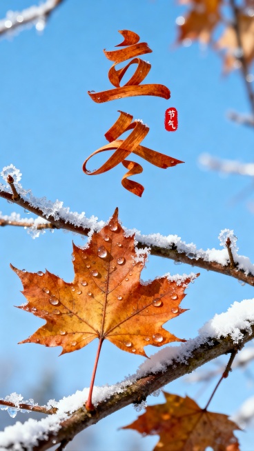 枫叶叶片拉长扭曲变形成”立冬” 二字，叶片上有晶莹的露珠点缀。背景是一片晴朗的蓝天，画面中穿插着带有冰霜和薄雪的树枝，营造出冬日温暖的氛围。“立冬” 文字位于图像的中上部，红色小印章”节气“点缀，整体预览效果