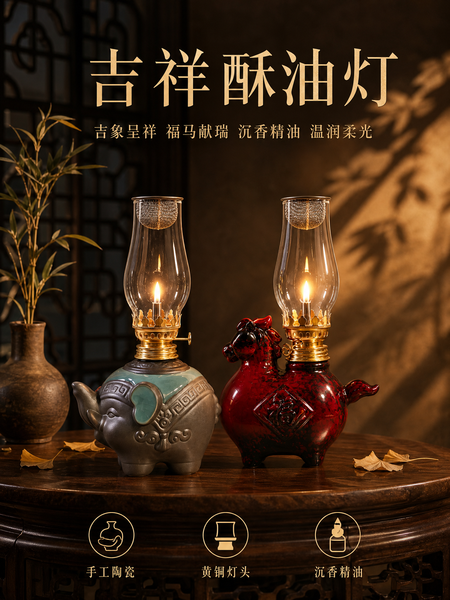 新中式暗调氛围摄影详情页头图，竖版3:4。深胡桃木案几中央，吉… - 图片创意预览