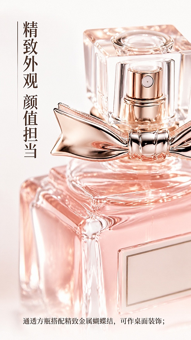 [第3屏] 产品细节特写-通透方瓶与金属蝴蝶结展示。本屏使用【图1】作为商品主体。
[氛围/风格] 轻奢质感特写，精致高级，商业微距摄影，清晰锐利。
[元素布局] 画面主体为香水瓶口与蝴蝶结部分的微距特写，占据画面70%以上区域，突出玻璃通透质感与金属蝴蝶结亮泽细节；左侧预留标题区域，底部补充说明文字；产品结构与细节和原图保持一致。
[光影质感] 侧光打亮蝴蝶结边缘与玻璃瓶身，形成清晰高光轮廓，背景柔和虚化，突出主体细节。
[配色色系] 全局底色 #F8F8F8，主色香槟金属色+柔粉色，文字深棕色。
[视角构图] 微距特写视角，焦点集中在蝴蝶结与瓶口位置，浅景深突出细节质感。
[文字版式] 左侧竖排主标题「精致外观 颜值担当」，底部横排说明文字：通透方瓶搭配精致金属蝴蝶结，可作桌面装饰；文字清晰层次分明，不遮挡核心细节。
[比例分辨率] 9:16 竖版比例，4K分辨率，文字清晰可辨，高清画质。
[负向提示词] 细节模糊，结构变形，颜色偏差，文字错乱，品牌字样，背景杂乱