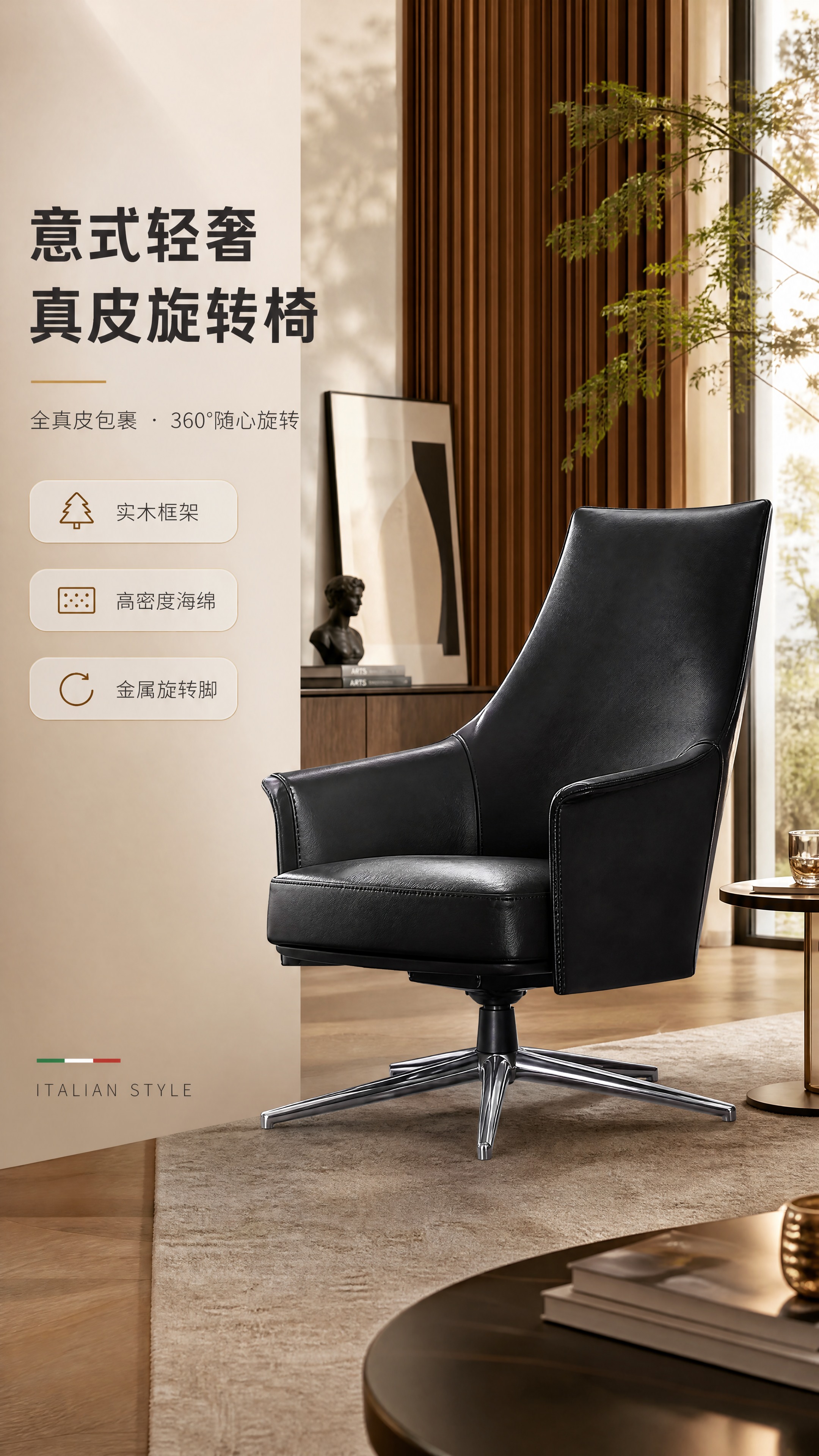 [商品] 使用【图1】黑色真皮单人旋转休闲椅；保留高靠背流线型… - 图片创意预览
