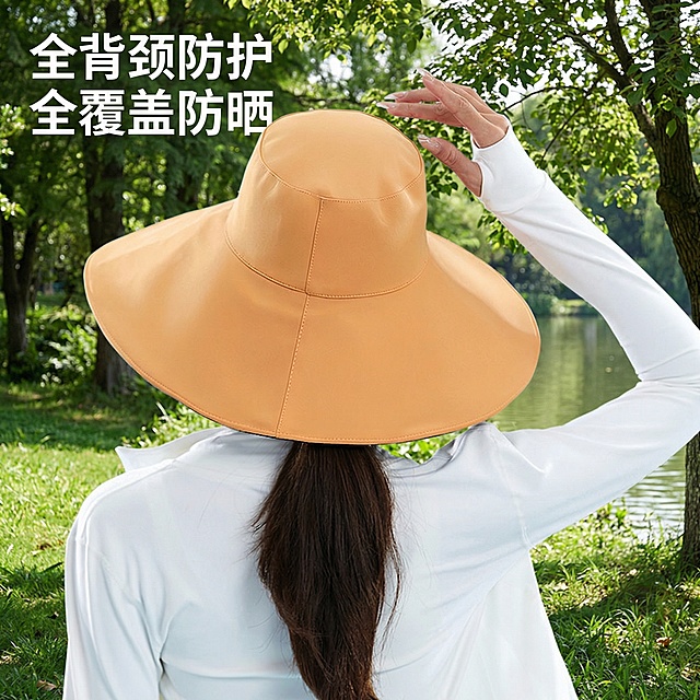 保持原图中暖橙色防晒帽背面和模特、服装的样子不变，将背景替换为户外自然场景：包含绿色草地、树木、平静水面，阳光透过树叶洒下斑驳光影，整体氛围清新自然，突出夏日防晒的场景感。展示帽子加大宽帽檐的背面效果，保持帽子和模特细节不变，风格统一和前面主图一致。左上角添加文字"全背颈防护 全覆盖防晒"，字体为白色无衬线粗体，不要遮挡帽子主体。