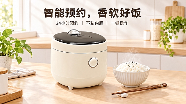 参考图中的电饭煲外观，生成一张电饭煲的电商海报，风格现代简约，主色调为白色和浅木色，营造温馨家庭氛围。电饭煲旁边摆放一碗香喷喷的白米饭和一双筷子。背景为明亮整洁的厨房台面，绿植点缀。海报上方大字标题：“智能预约，香软好饭”，下方小字：“24小时预约 | 不粘内胆 | 一键操作”。整体画面干净、诱人，突出产品便捷与美味，商业摄影质感，柔和光线，高画质