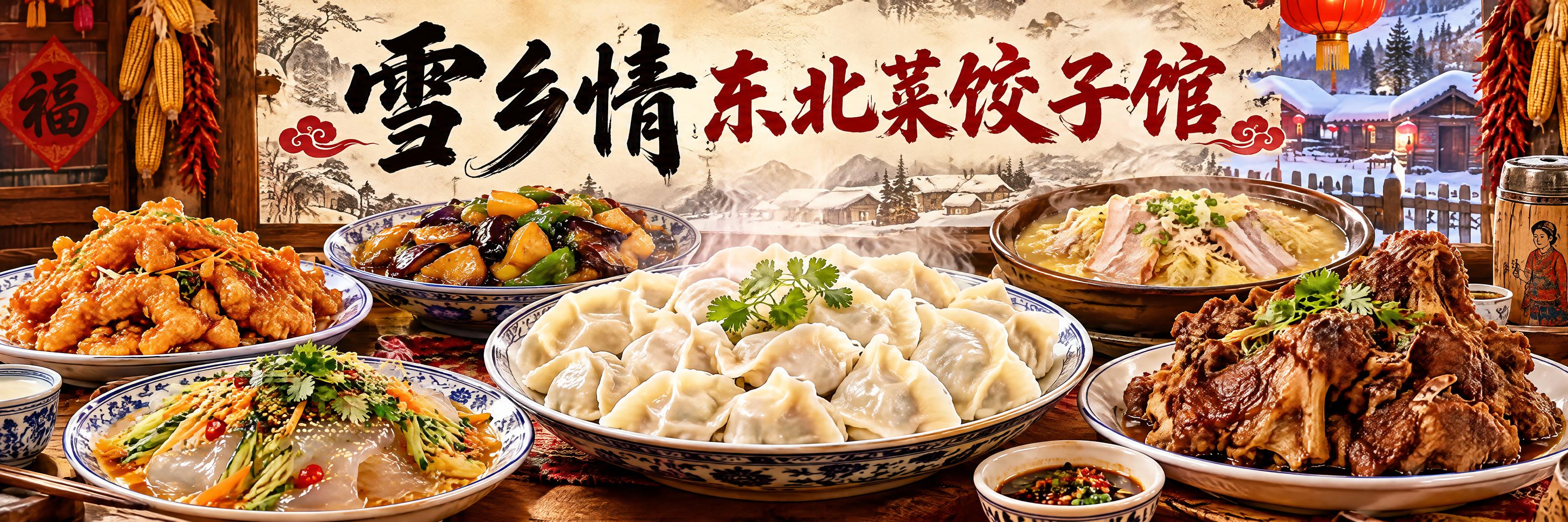 雪乡情东北菜饺子馆海报设计，写实美食摄影风格，宽幅横幅构图，画… - 图片创意预览