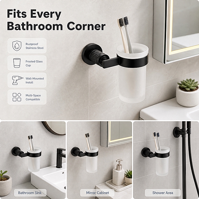 壁挂式牙刷杯（Wall-Mounted Toothbrush Cup Holder）。主题：多空间适配图，唯一任务是说明产品能融入不同卫浴空间。
[统一基调] 现代简约洁净卫浴视觉；背景主色为浅灰白与米白瓷砖，标题字色深炭黑，辅助字色冷灰，强调色冷蓝灰用于尺寸线与图标标签，全套统一现代无衬线字体，圆角浅灰半透明信息卡配细线图标，仅以字号层级区分主次。
[画面] 采用 1+3 宫格排布：上部一张大图展示产品安装在浴室镜柜旁墙面的完成效果，产品与磨砂白色玻璃杯完整清晰，占大图约 55%；下部三张等高小图分别展示产品装在台盆侧墙、浴室镜柜旁与淋浴区墙面的搭配效果，每格只保留一个冷灰英文短标签，依次为 "Bathroom Sink"、"Mirror Cabinet"、"Shower Area"。四格统一镜头视角、光感、圆角样式与标签位置，产品外观、结构、材质、颜色与输入图完全一致。左上主标题 "Fits Every Bathroom Corner"。
[光影质感] 明亮均匀的卫浴棚拍光，四格光感统一，墙面有细腻材质过渡，产品与墙面接触自然无悬浮。
[配色] 浅灰白与米白瓷砖为底，哑光黑产品统一为视觉重心，冷蓝灰仅用于标签与细线。
[文字版式] 统一现代无衬线字体，主标题最大最粗，宫格标签字号明显更小，全部英文横排，标签不遮挡产品。
[输出要求] 1:1 正方形 2K 高清；负向：变形、错字、中文、拼贴杂乱、连续同角度同构图、产品悬浮、模糊、水印、平台 Logo。
