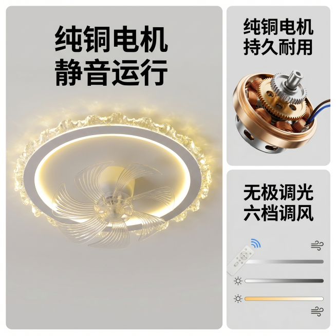[主图-3] 花形水晶吸顶风扇灯核心功能展示
[氛围风格] 现代简约清晰专业风格
[画质] 商业摄影质感、光线柔和通透、产品清晰真实、画面干净高级
[元素] 采用1大+2小模块构图，左侧大模块展示完整预览效果