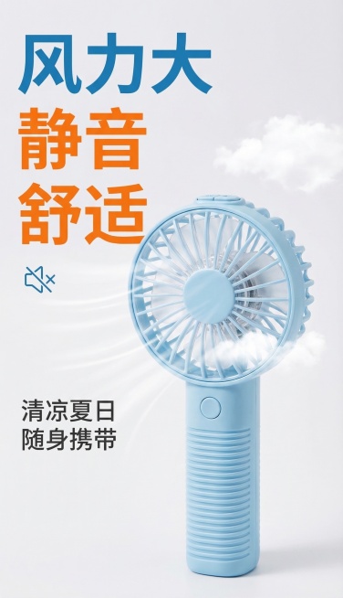 生成淘宝风格手持小风扇商品主图，突出产品卖点：风力大，静音，舒适，添加醒目的商品大字宣传文案，风格简约干净，符合电商商品展示效果预览效果