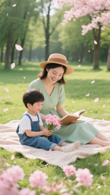 写实风格，自然光，温暖明亮的光影，柔和的绿色与粉色为主色调，一位戴着浅棕色草帽的年轻母亲穿着浅绿色连衣裙，坐在铺着浅色毯子的草地上，正低头微笑着给一个穿着白色T恤和蓝色背带裤的小男孩读书，小男孩手里捧着一小束粉色花朵，周围飞舞着粉色花瓣，前景有盛开的粉色花朵，背景是茂密的树林和绿色草地，整体氛围温馨宁静，充满春日气息。预览效果