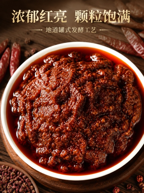 [第4屏] 酱体质地特写屏-招牌香辣酱油润质地展示。本屏使用【图3】作为商品主体。
[氛围/风格] 微距特写食欲风格，浓郁深棕木纹背景，超高质感商业美食摄影。
[元素布局] 整碗酱料占满画面中心区域，预览效果