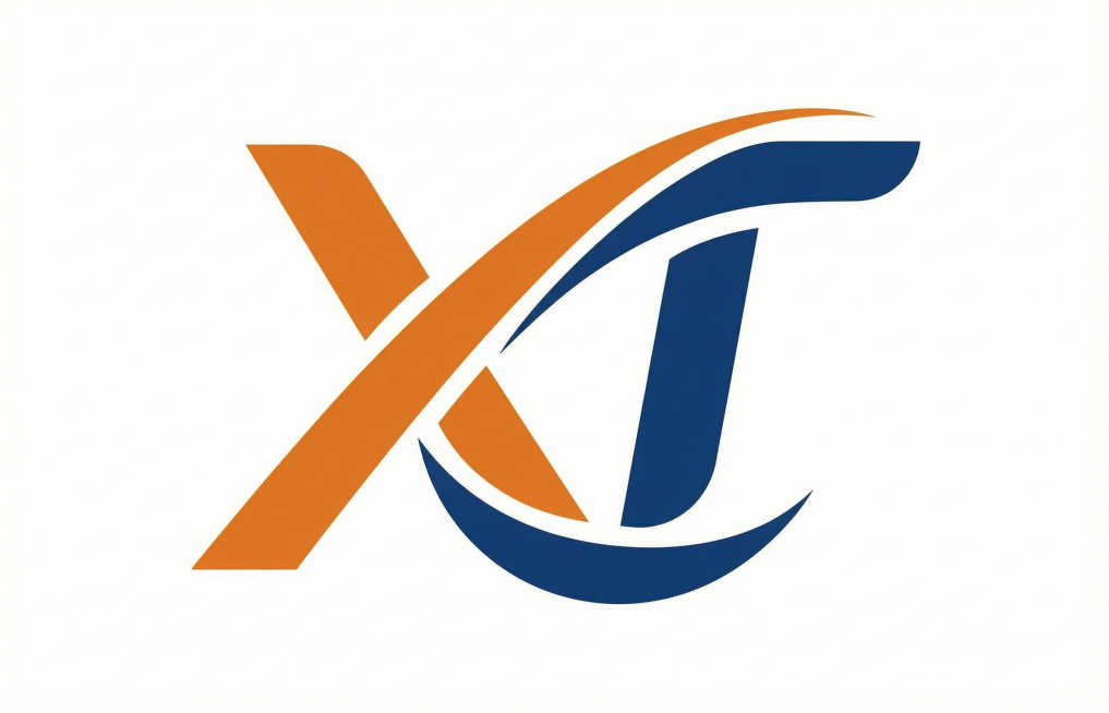 1:1还原原图的设计风格和结构，使用xt两个字母制作logo，沿用原图的橙色和蓝色配色方案，采用和原图相同的流畅曲线交错设计，制作简洁的企业logo，背景为纯白色预览效果