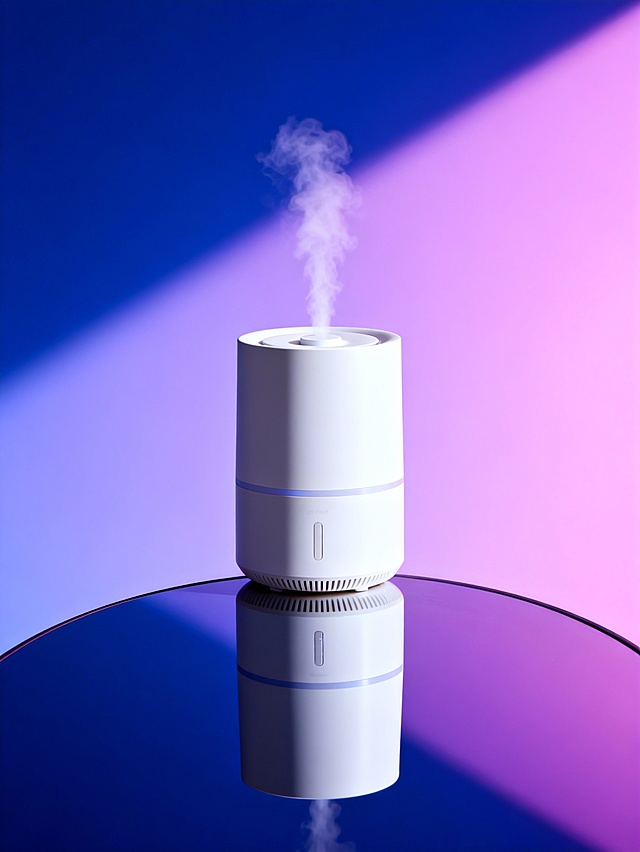 现代简约风加湿器，3D渲染质感，玻璃桌面倒影清晰，蓝紫渐变光影营造未来科技感与清透柔和氛围，轻拟物设计突显舒适生活美学。