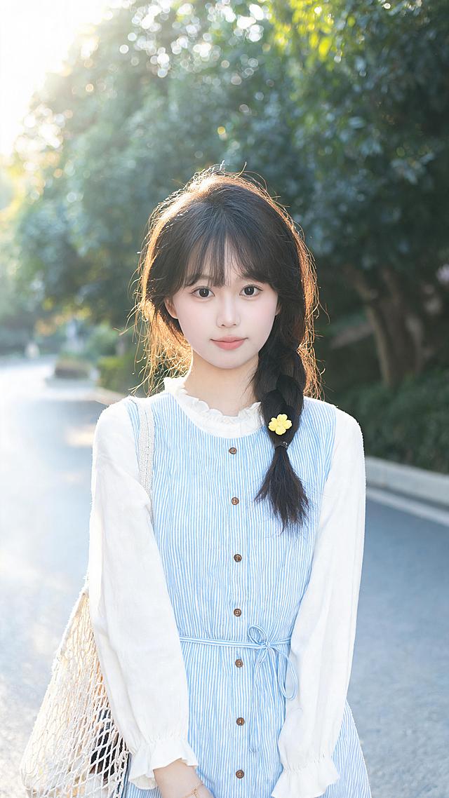 一位拥有圆润饱满鹅蛋脸的女生，面部软组织充足自带幼态清甜感，皮肤清透冷调白皙带自然粉调血色，伪素颜裸妆质感，保留极淡皮肤肌理与绒毛感，干净通透。空气感齐刘海，碎发自然散落额前，浅淡自然野生平眉无刻意修饰，圆杏眼黑瞳占比高，眼神清澈柔和，卧蚕饱满自然，眼尾微微下垂自带无辜氛围感。山根偏低，鼻头小巧圆润线条钝感，弱化攻击性；嘴唇薄厚适中，自然粉裸色调，唇线柔和，嘴角微微上扬，表情恬淡温柔。深棕黑色长发，单侧编粗麻花辫垂在身前，发尾蓬松有细碎胎毛，辫子点缀一枚黄色小花发夹，头顶发丝蓬松有空气感，额边鬓角有自然碎发。穿搭：内搭米白色立领木耳边长袖衬衫，面料带肌理褶皱感；外搭浅蓝细竖条纹背心裙，正面单排棕色小圆扣，腰部同色系系带收腰；肩挎米白色编织网兜包，手腕戴极细金色手链。场景为夏日午后城市林荫步道，人物实背景虚，从主体到远景虚化程度逐步加深，营造柔和空间纵深感，日系清新写真风格。近景地面：人物脚下是浅灰色平整柏油路面，右侧有浅灰色路沿石，路面受阳光照射呈现自然明暗渐变，近处清晰远处逐步虚化。中远景：背景是茂密深绿色乔木树丛，叶片层次丰富，远处景物完全虚化，形成大小不一圆形暖金色散景光斑，模糊背景里隐约可见道路延伸感，无明确杂物干扰主体。光影：午后4点左右侧逆顶光（黄金小时自然光），光源从人物后上方斜向照射。顶部光线打在头顶发丝上，形成清晰柔和金边发丝光，发顶、刘海碎发、辫子边缘都被暖金色光线勾勒出轮廓，发丝根根分明，自带蓬松发光感，光线过渡自然，边缘无硬边过曝，呈现雾感柔边效果。正面受环境漫反射光均匀补亮，面部无明显硬阴影，光比约1:2，皮肤通透柔和，保留自然明暗层次，不会扁平发灰。整体：高光偏暖金调，暗部带轻微青绿色调，整体对比度偏低，光线弥散柔和，背景树叶间隙漏光形成圆形光斑，整体是清新治愈的夏日逆光写真质感，自带呼吸感