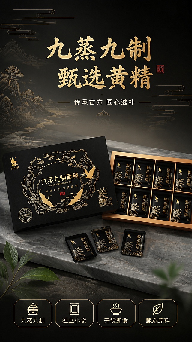 [第1屏] 详情页头图主视觉-九蒸九制黄精礼盒新品宣传海报。本屏使用【图1】作为商品主体，礼盒与独立小袋全貌展示。
[氛围/风格] 东方新中式轻奢风，黑金高级质感，禅意养生氛围，商业摄影质感，静谧雅致。
[元素布局] 画面中央偏下位置摆放九蒸九制黄精黑色礼盒（带金色仙鹤山水纹样），礼盒右侧打开露出内置8个独立小袋，礼盒前方散落2-3袋独立小袋，产品整体占比约65%；背景为深灰渐变，左上角有金色山水线条装饰与云雾元素，底部有浅灰色大理石台面；前景点缀几片黄精植物叶片；确保礼盒包装结构、颜色、金色纹样、独立小袋外观与输入产品图完全一致，无罐装。
[光影质感] 左上方45°柔光主光，右侧辅光提亮，礼盒表面有细腻金色高光，底部柔和投影，整体明暗层次丰富，质感高级。
[配色色系] 全局底色 #2A2A2A 深灰黑渐变；主色 金色#D4AF37；辅助色 黑色#1A1A1A、米白#F5F0E6。
[视角构图] 45°斜俯视视角，产品为视觉中心，阅读动线从上至下：顶部标题 → 中部产品 → 底部卖点条。
[文字版式] 版式为顶部居中标题 + 中部产品 + 底部信息条。主标题「九蒸九制 甄选黄精」，宋体书法感，金色，字号大；副标题「传承古方 匠心滋补」，细黑体，米白色，主标题下方；底部横向排列4个金色圆角胶囊卖点：「九蒸九制」「独立小袋」「开袋即食」「甄选原料」，每个配简约小图标；文字不遮挡产品主体。
[比例分辨率] 9:16 竖版比例，4K分辨率，文字清晰可辨，高清画质。
[负向提示词] 礼盒变形，缺件错件，颜色偏差，出现罐装，包装文字错乱，水印，文字过小模糊，背景杂乱，人物出现，产品图模糊。