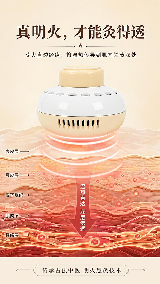 [第3屏] 明火悬灸核心原理解析页。本屏使用【图2】的艾灸盒作为主体。
[氛围/风格] 专业可信，简约科技感，暖调养生氛围，商业展示质感。
[元素布局] 艾灸盒放置在画面中心偏上，用红色波浪线条直观展示热能传导效果，下方展示皮肤和肌肉层结构，说明热能直达经络；文字区域在上下分布。整体元素包括浅米色背景，中心艾灸盒，红色热力线条，皮肤层示意图。
[光影质感] 中心聚光照明，产品清晰，热力线条自然柔和，示意图层区分清晰。
[配色色系] 全局底色 #F5E9D8，主色暖棕，辅助色浅红热力色、米白。
[视角构图] 中心聚焦构图，正面平视，主体突出。
[文字版式] 顶部主标题「真明火，才能灸得透」，副标题「艾火直透经络，将温热传导到肌肉关节深处」；底部标注「传承古法中医 明火悬灸技术」，文字层级清晰，不遮挡艾灸盒主体，清晰可读。
[比例分辨率] 9:16竖版比例，分辨率4K，高清画质。
[负向提示词] 结构错误，热力线条混乱，产品变形，文字遮挡主体