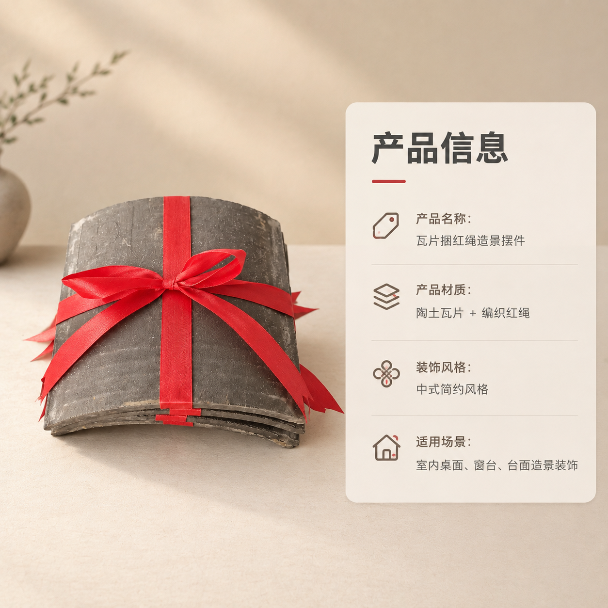 [商品] 使用【图1】瓦片捆红绳造景摆件；保留陶土瓦片弧形结构… - 图片创意预览