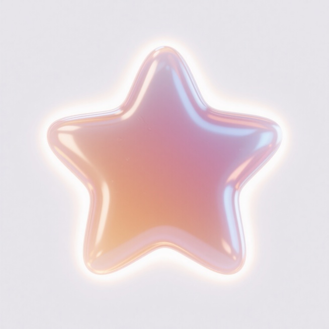 一个具有3D立体效果的五角星，整体呈现光滑的果冻质感，表面有细腻的光泽和微妙的渐变，边缘圆润柔和，中心到边缘有自然的色彩过渡，周围环绕着一圈明亮的发光效果，光晕均匀扩散，背景为纯白色，干净简洁，突出主体五角星的立体感和光泽感。预览效果