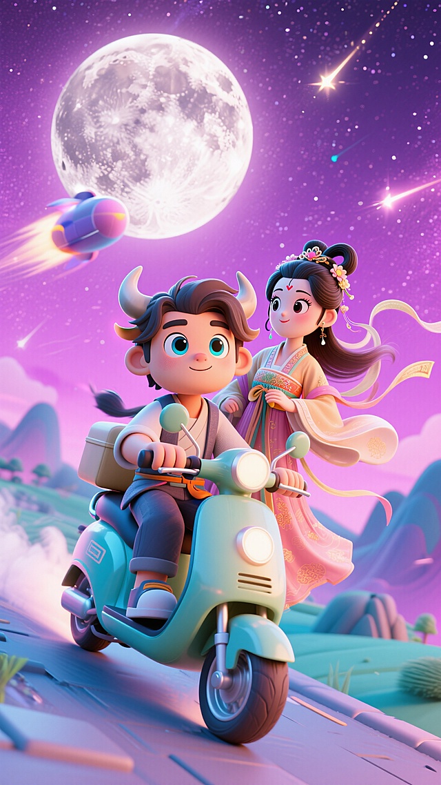 牛郎骑着电动车载着织女驶向月球，人物大眼睛古代装扮，紫粉色星空，浪漫感氛围，流星闪过