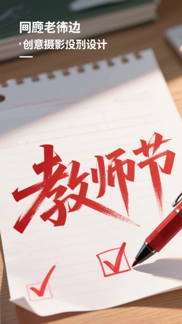 “教师节”创意字体，鲜艳的红色墨水笔笔触，模仿老师批改作业时的手写体，笔画有力流畅，背景是一张白色试卷或作业纸，角落有一个红色的对勾标记，简约而充满情感，矢量插画风格预览效果