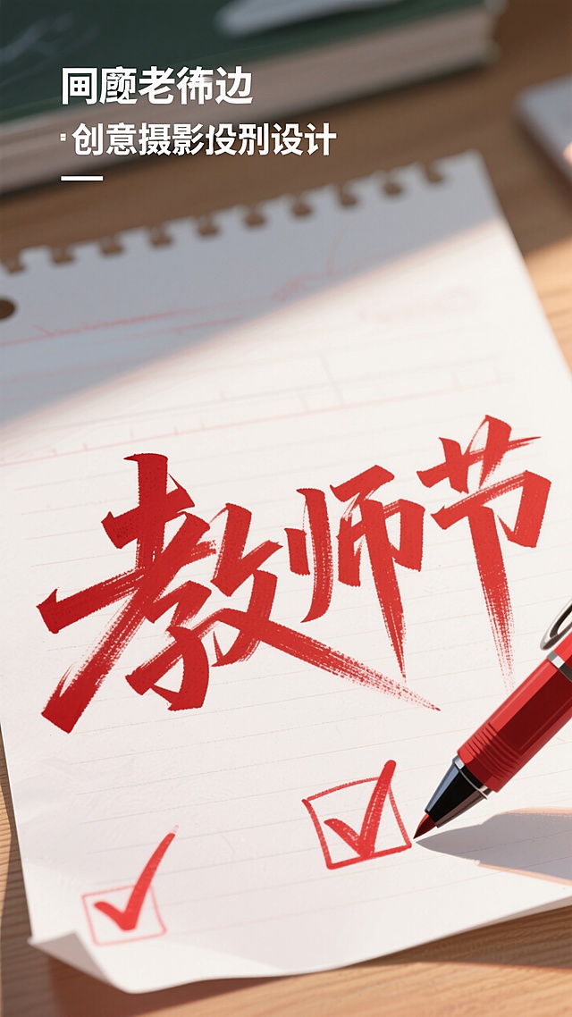 水墨风格大字“教师节”，喜庆红色笔触，彰显节日氛围。