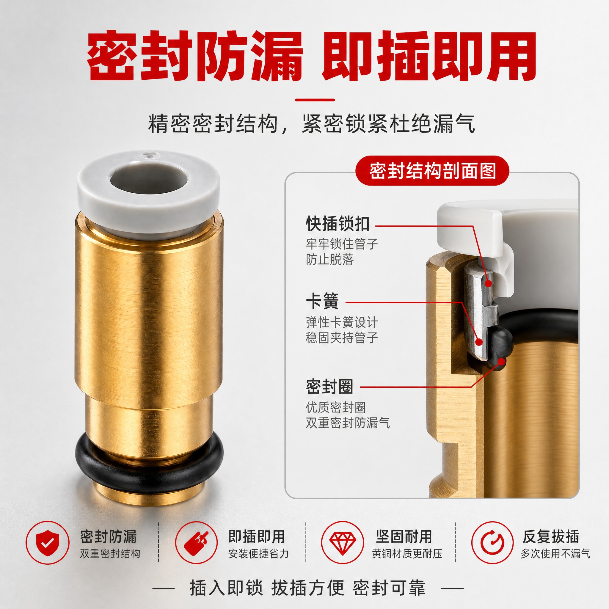 [主图-4] SMC型黄铜快插接头密封结构原理图，展示密封圈和… - 图片创意预览