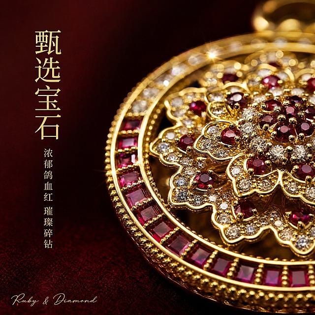 [主图-4] 宝石细节与材质 红宝石与钻石微距品质展示
[统一基调] 小红书原生感精致高级风 香槟奶油色系背景 文艺衬线标题字 金色强调色 极少量文案 手写英文装饰 柔光箱高光+窄条轮廓光 珠宝精修质感
[画面] 吊坠局部超微距特写 聚焦外圈红宝石梯方石与围边碎钻的细节 展示红宝石浓郁酒红色泽与内部天然质感 碎钻刻面清晰 火彩闪烁 金属珠边工艺细腻 背景为深酒红色渐变丝绒 突出宝石色彩 主体占画面约80% 视角斜侧45度 展现宝石立体镶嵌
[光影质感] 高端珠宝微距摄影 多点聚光打在宝石刻面产生星芒火彩 金属珠边有连续高光点 阴影柔和有层次 宝石通透有深度 精修干净无杂质
[配色] 背景深酒红渐变 宝石酒红+透白 金属黄金色 文字浅金色
[文字版式] 画面左上角竖排两行文案 上行大号衬线体 "甄选宝石" 下行小号细体 "浓郁鸽血红 璀璨碎钻" 底部极小字号手写英文 "Ruby & Diamond" 文字在左上角负空间
[输出要求] 1:1正方形 2K高清 宝石细节锐利 火彩自然 金属质感真实 文字清晰 无变形 无错字 无水印 无平台Logo