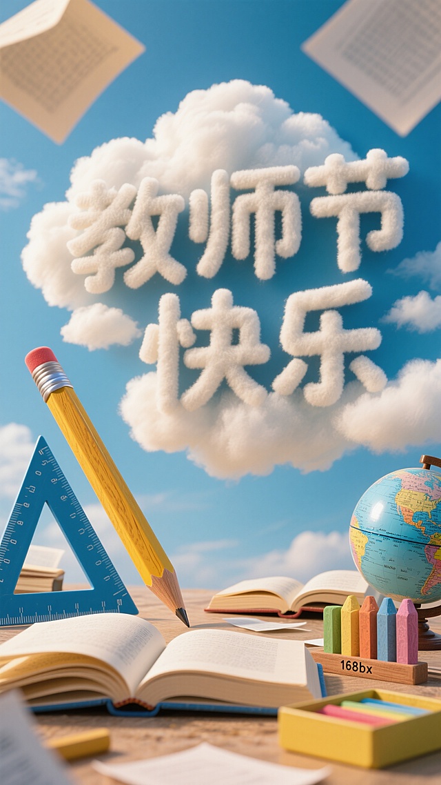 蓝天下，云朵织成 “教师节快乐”，书本铺展知识沃土，铅笔如帆，地球仪载梦，粉笔绘出成长路，师恩伴我们远航。