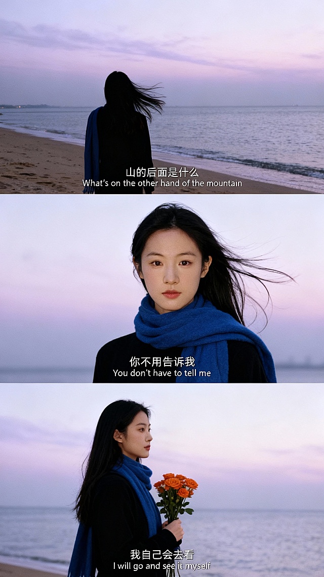 胶片风色调，剪影与实景交织，文艺感十足的海边三联画面，唯美感与静谧感并存，诉说独立追寻的故事。