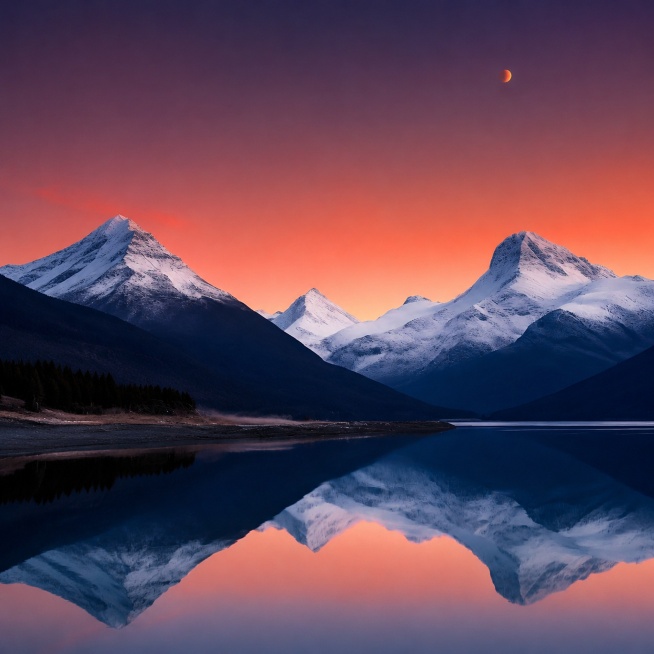 自然风光户外场景，参考图为雪山湖泊日落景观，严格保留场景结构：三座雪山，平静湖面倒影，橙红色渐变天空，深蓝色近山。保持原有构图框架与光影氛围，全量复刻整体场景结构，保留橙红天空蓝白色雪山深蓝色湖面的色预览效果