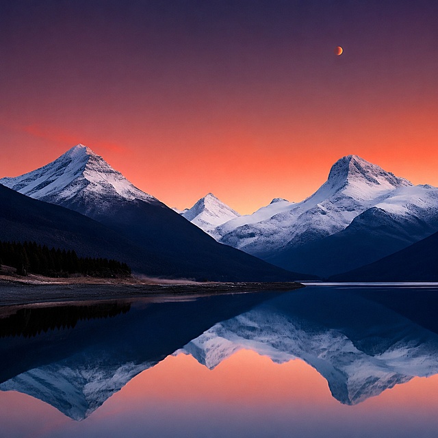自然风光户外场景，参考图为雪山湖泊日落景观，严格保留场景结构：三座雪山，平静湖面倒影，橙红色渐变天空，深蓝色近山。保持原有构图框架与光影氛围，全量复刻整体场景结构，保留橙红天空蓝白色雪山深蓝色湖面的色彩体系，主光来自傍晚逆光方向，整体自然平静，微调视角20度。严格锁定宽高比为1:1。