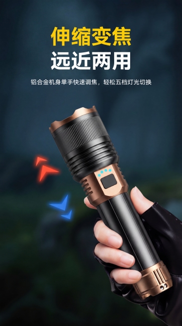 完全替换原图里的手电筒，使用图二里的黑金配色手电筒放到原图手持位置，替换后保留图一所有的文字“伸缩变焦 远近两用 铝合金机身单手快速调焦，轻松五档灯光切换”、深色模糊背景和手持手势，保持整体构图和风格预览效果