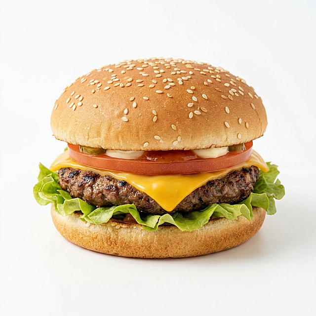 参考图里的汉堡，单独生成一张这个汉堡的产品图，保留汉堡原本的外观、食材细节，放置在纯白色背景上，真实质感，细节清晰